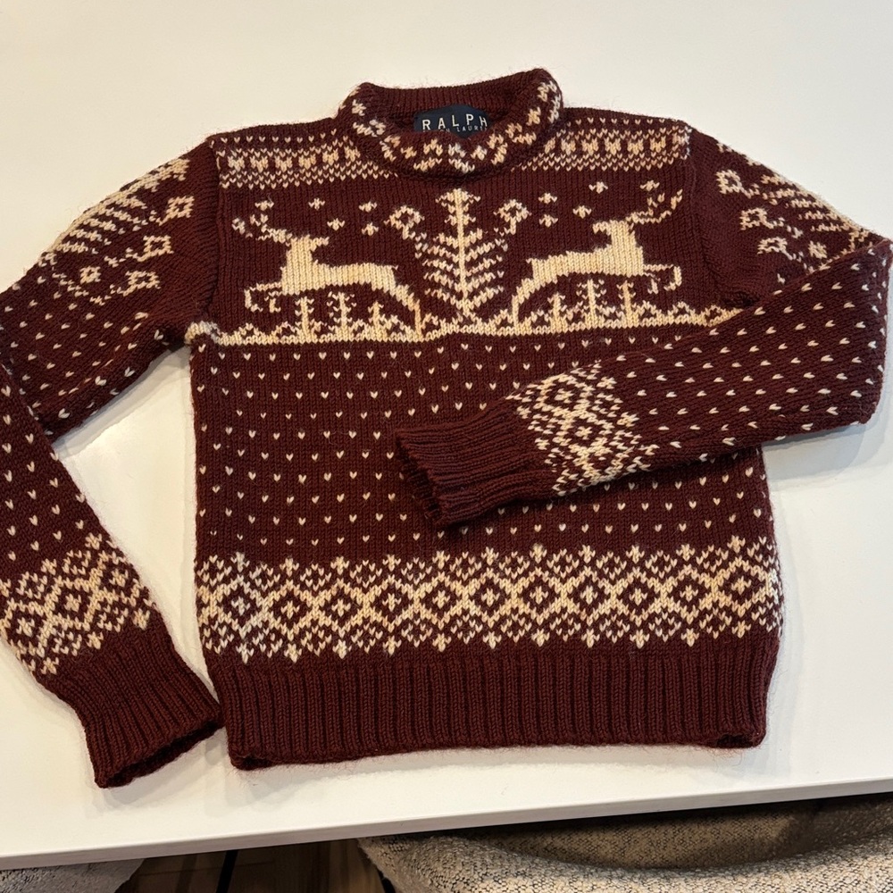 RALPH Ralph Lauren Maroon and Cream Crewneck Sweater